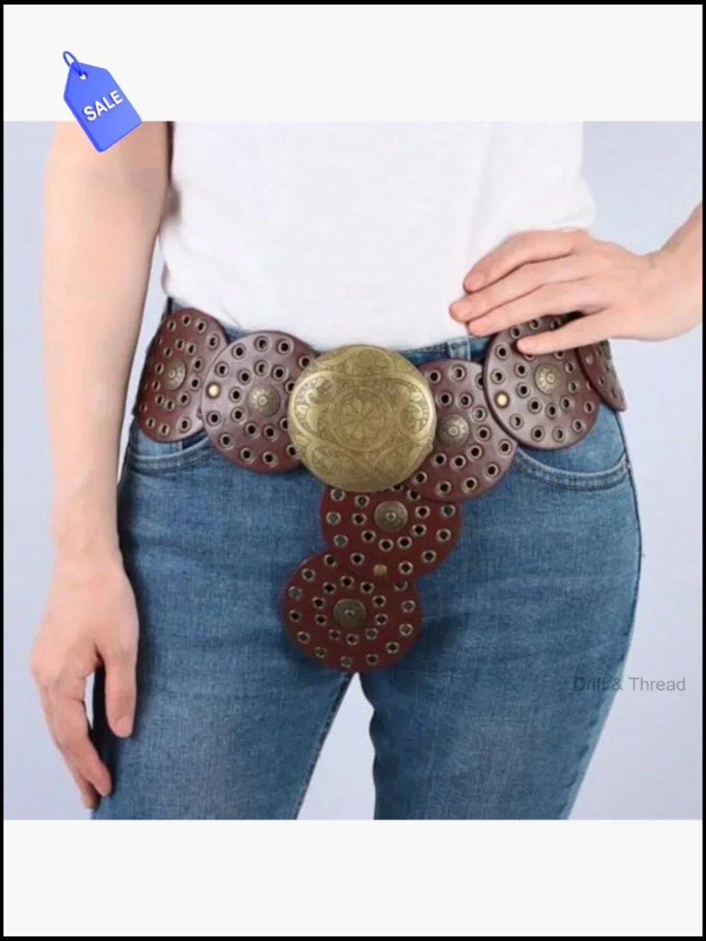Wide Western Belt with Rotating Disc Conchos Boho Cowgirl Belt Jeans Dress